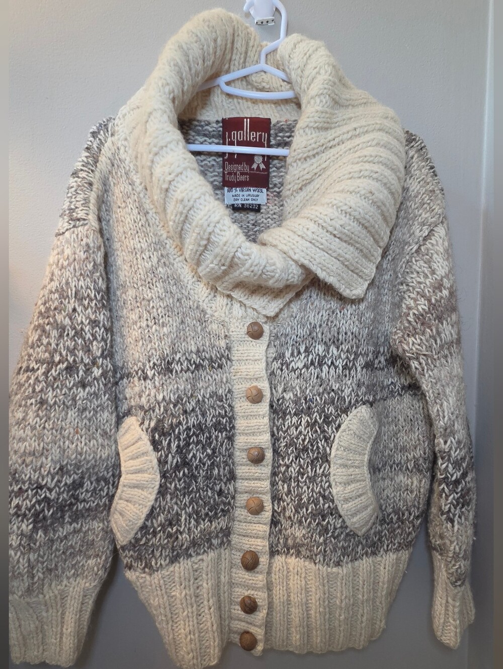 Vintage J.Gallery 100% Virgin Wool Chunky Knit Sweater Shawl Collar Cardigan